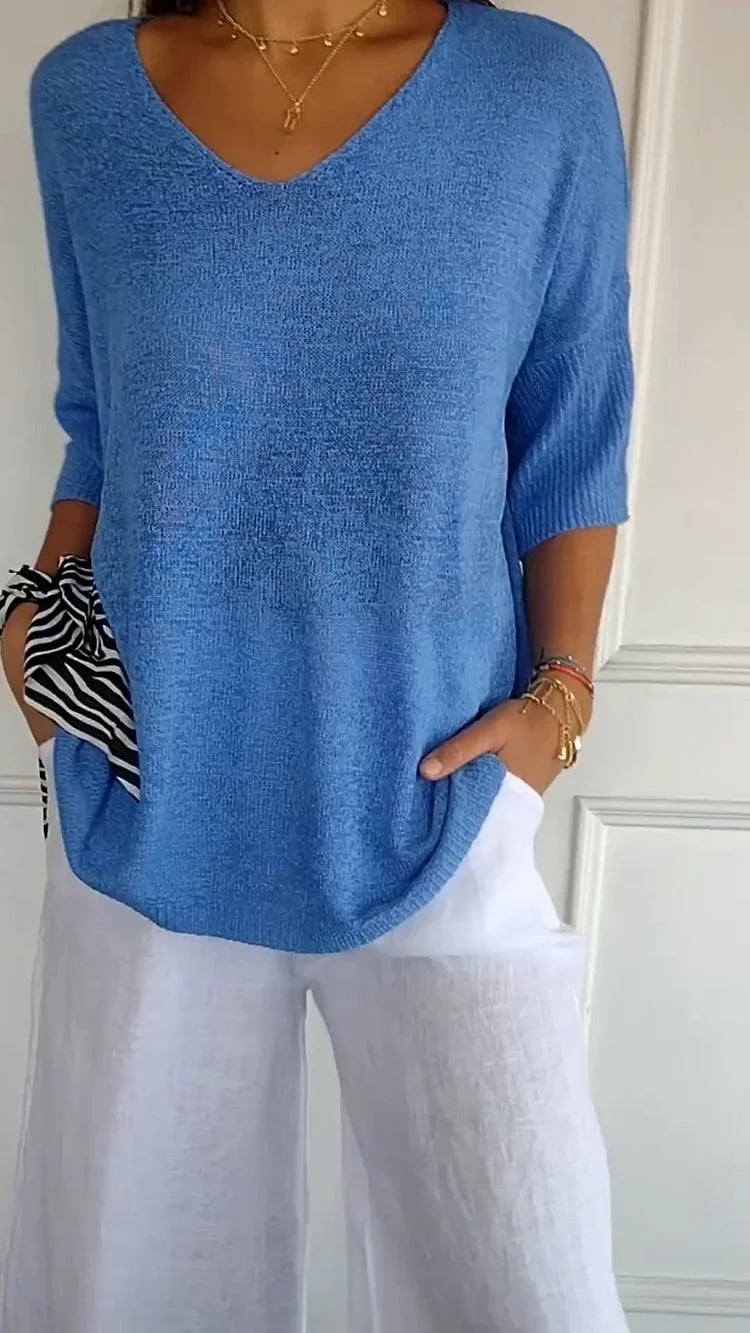 Solid Color Knitted V-neck Top