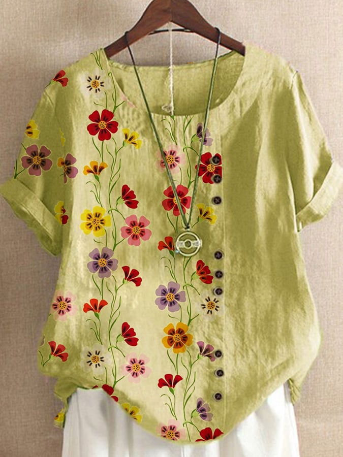 Women's Casual Flower Printed Cotton And Linen Top