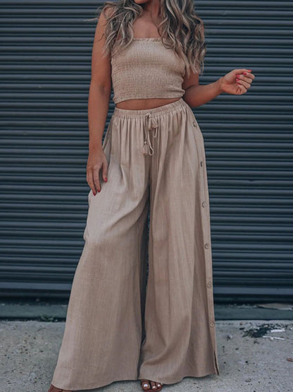 Solid Color Chest Wrap Top Wide Leg Pants Two-piece Set