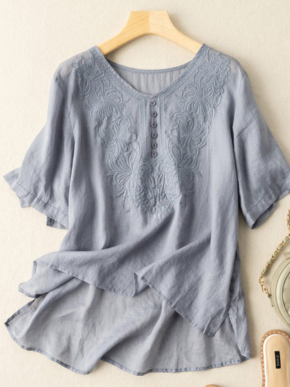 Women's Cotton Linen Embroidered Loose Casual T-Shirt