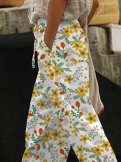 Women'S Vintage Floral Print Wide-Leg Pants