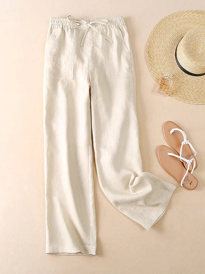 Loose Linen Elastic Waist Solid Pants