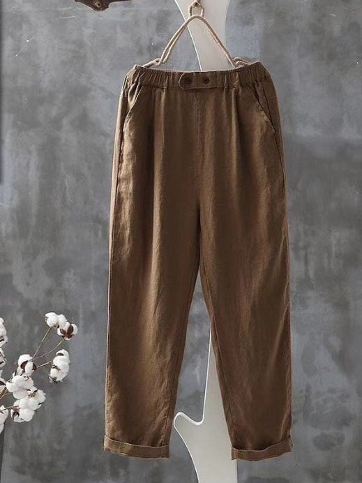 Women's Casual Solid Color Loose Imitation Cotton And Linen Cropped Carrot Pants