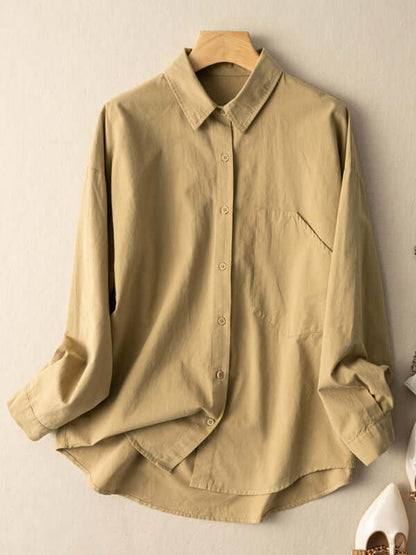 100% Natural Fabric Loose Casual Shirt With Pockets In Solid Color