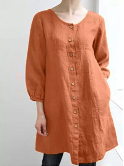 Women's Solid Color Round Neck Button Casual Shirt