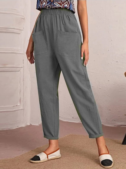 Cotton And Linen Elastic Waist Double Patch Pocket Casual Pants