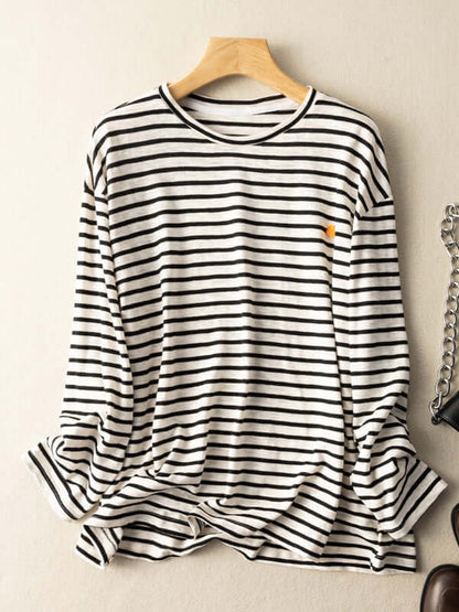 100% Natural Material Casual Stripe Loose Women's T-shirt