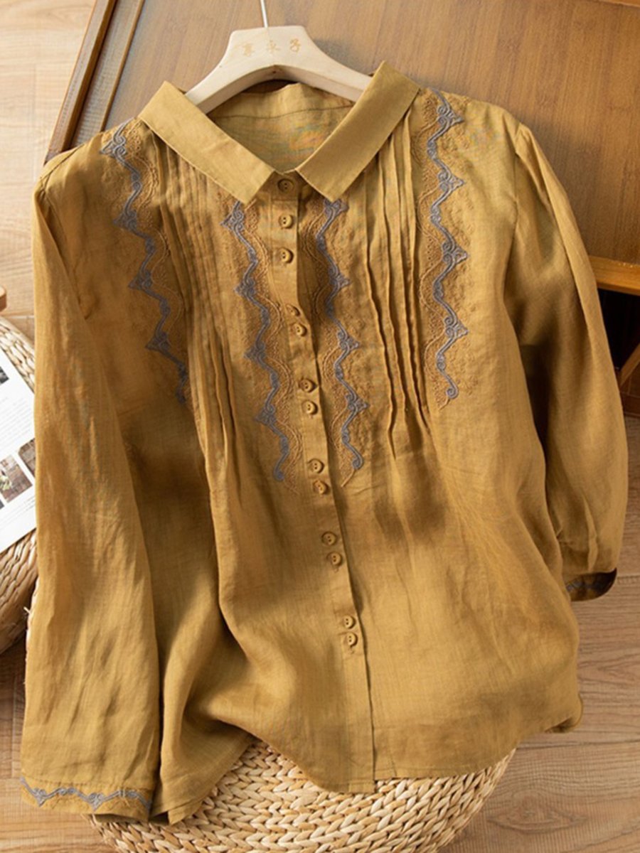 Polo Long Sleeved Vintage Cotton Linen Embroidered Shirt