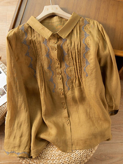 Polo Long Sleeved Vintage Cotton Linen Embroidered Shirt