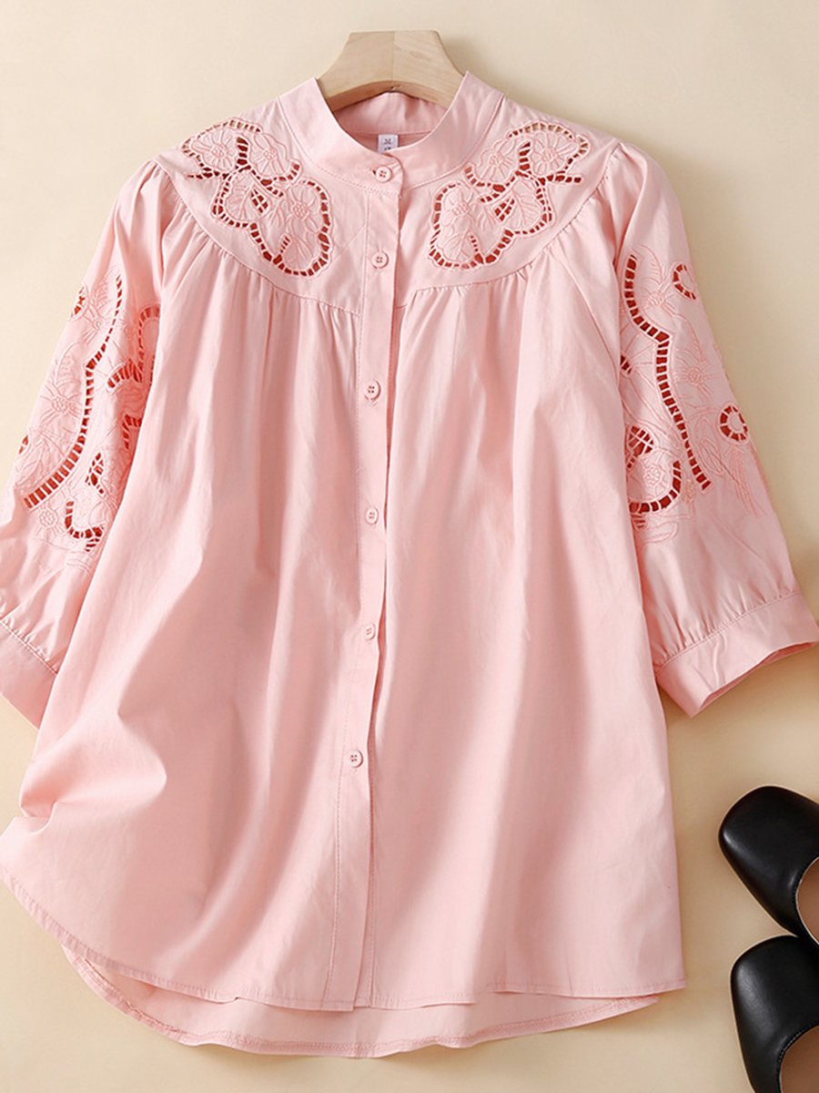 Standing Collar Split Lantern Sleeve Embroidered Embroidered And Carved Shirt