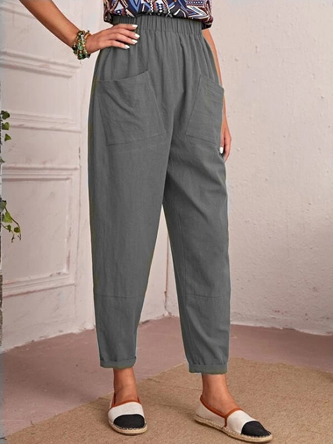 Cotton And Linen Elastic Waist Double Patch Pocket Casual Pants