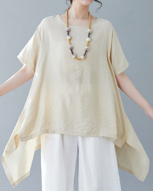 Cotton And Linen Irregular Round Neck Loose Casual Top