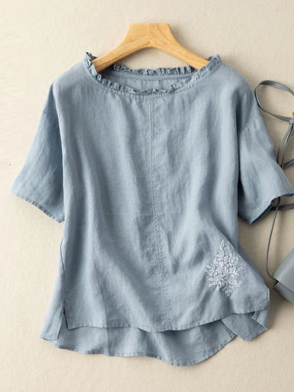 Embroidered Round Neck Short Sleeve Casual Linen Tee Top