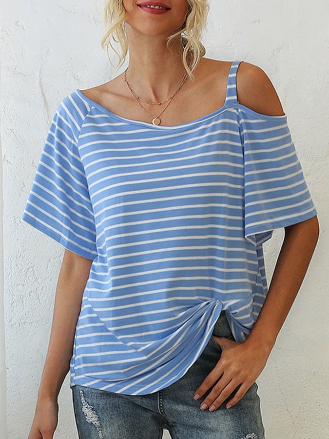 Striped Loose Off -the -shoulder Short -sleeved Casual Shirt