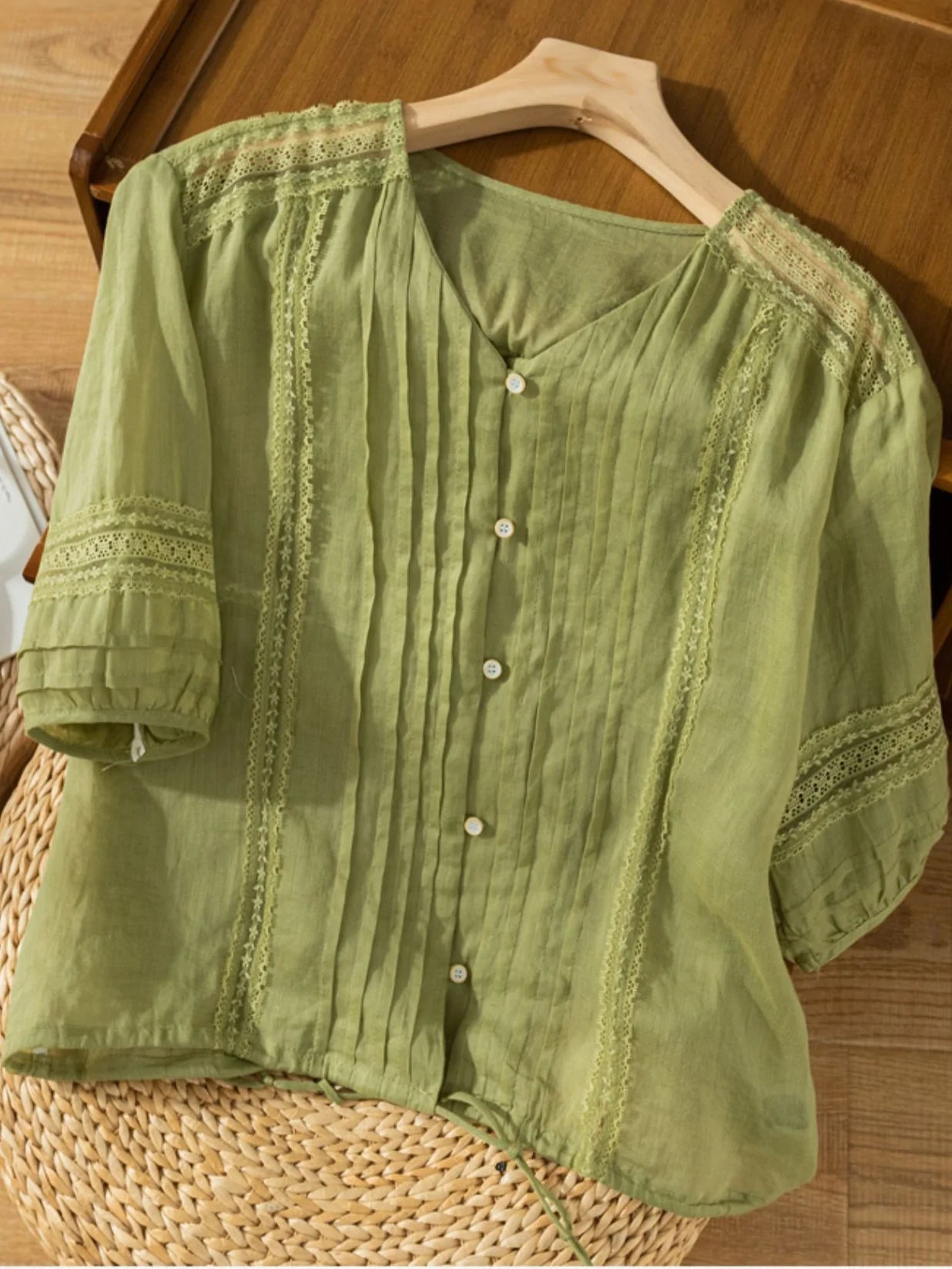 Pure Color V Neck 3/4 Sleeve Casual Linen Top