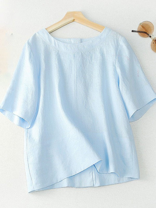 Solid Color V Neck Short Sleeve Casual Linen Shirt Top