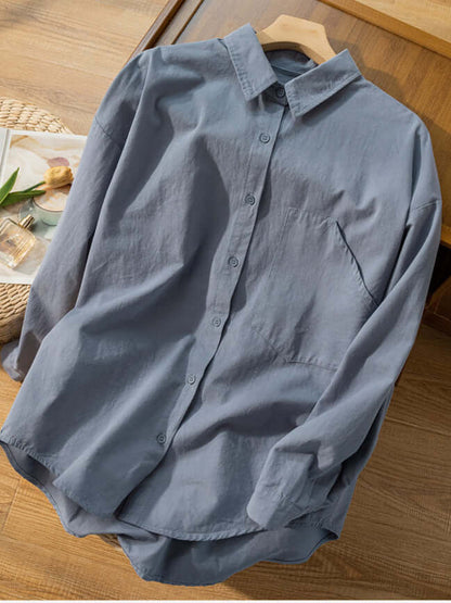 100% Natural Fabric Loose Casual Shirt With Pockets In Solid Color