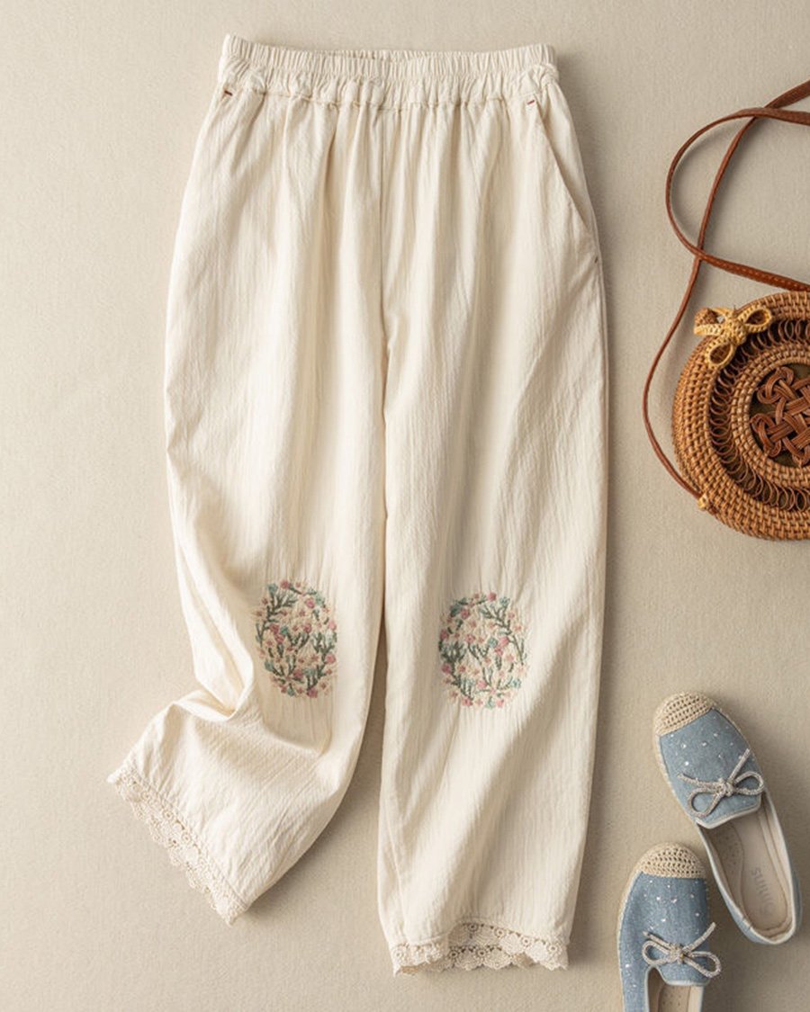 Cotton And Linen Floral-embroidered Lace-paneled Track Pants