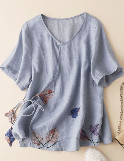 Women's Vintage Embroidery Lace Up Cotton Linen Shirt