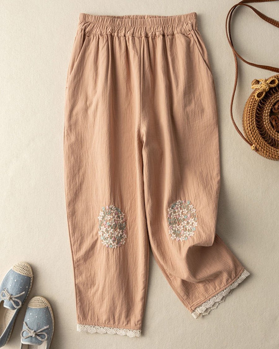 Cotton And Linen Floral-embroidered Lace-paneled Track Pants