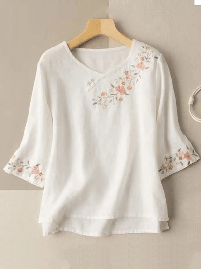 Women's Casual Button Embroidered Cotton Linen 3/4 Sleeve T-Shirt