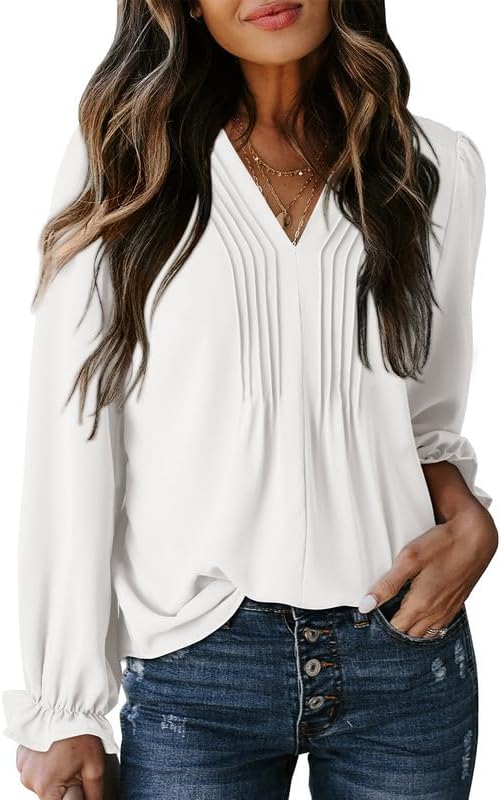 Womens Tops Casual Pleated V Neck Puff Long Sleeve T Shirts Loose Tunic Business Blouse