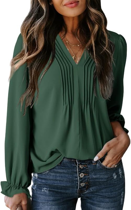 Womens Tops Casual Pleated V Neck Puff Long Sleeve T Shirts Loose Tunic Business Blouse