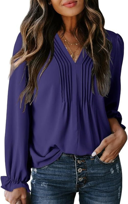 Womens Tops Casual Pleated V Neck Puff Long Sleeve T Shirts Loose Tunic Business Blouse