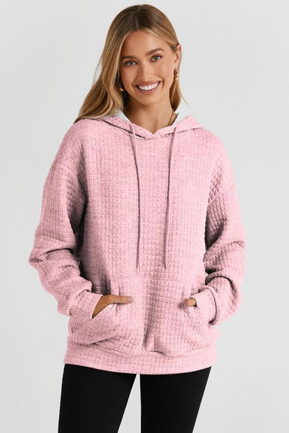 Womens Hoodies Casual Long Sleeve Drawstring Waffle Pullover Tops Loose Hooded Sweatshirt with Pocket