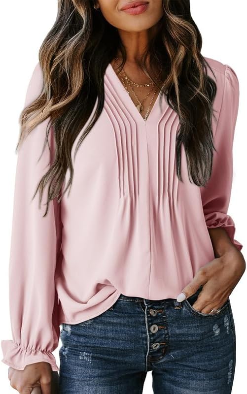 Womens Tops Casual Pleated V Neck Puff Long Sleeve T Shirts Loose Tunic Business Blouse