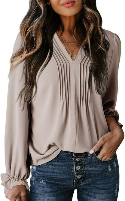 Womens Tops Casual Pleated V Neck Puff Long Sleeve T Shirts Loose Tunic Business Blouse