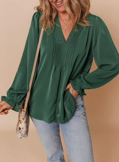 Womens Tops Casual Pleated V Neck Puff Long Sleeve T Shirts Loose Tunic Business Blouse