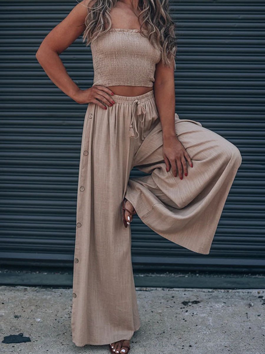 Solid Color Chest Wrap Top Wide Leg Pants Two-piece Set