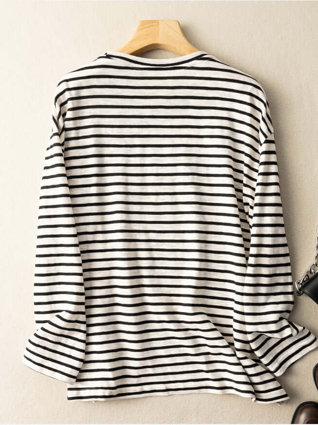 100% Natural Material Casual Stripe Loose Women's T-shirt