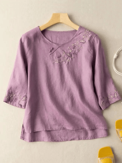 Women's Casual Button Embroidered Cotton Linen 3/4 Sleeve T-Shirt