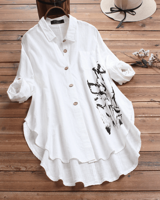 Cotton And Linen Irregular Printed Long-sleeved Lapel Shirt