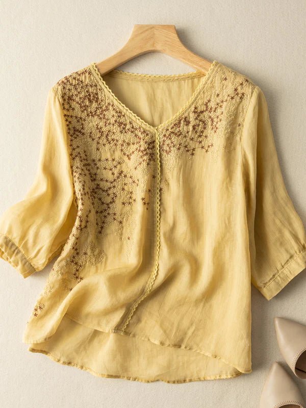 Embroidered V Neck 3/4 Sleeve Casual Linen Top