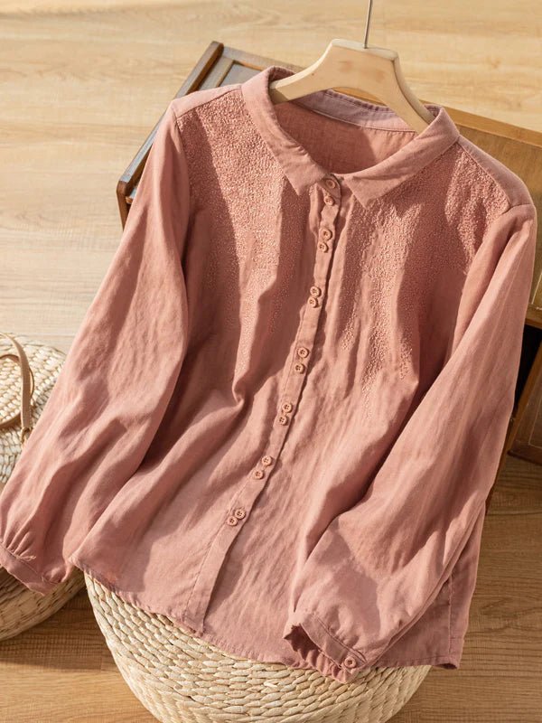 Embroidered Long Sleeve Casual Linen Shirt Top