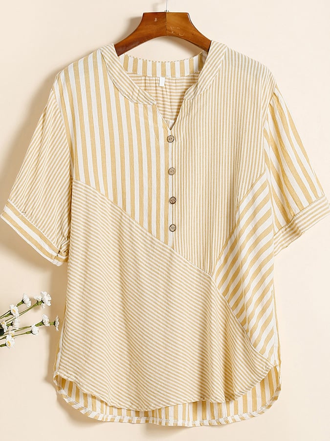 Cotton And Linen V-neck Asymmetric Striped Patchwork Shirt