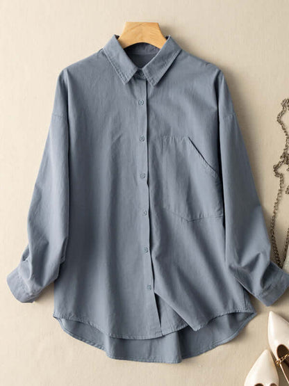 100% Natural Fabric Loose Casual Shirt With Pockets In Solid Color