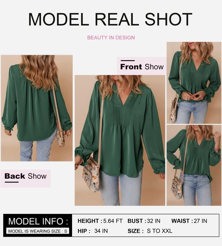 Womens Tops Casual Pleated V Neck Puff Long Sleeve T Shirts Loose Tunic Business Blouse