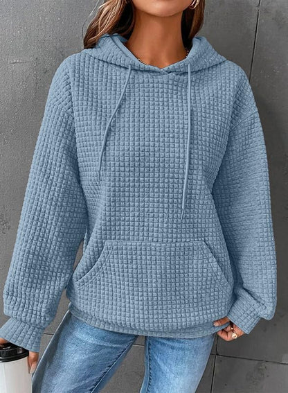 Womens Hoodies Casual Long Sleeve Drawstring Waffle Pullover Tops Loose Hooded Sweatshirt with Pocket