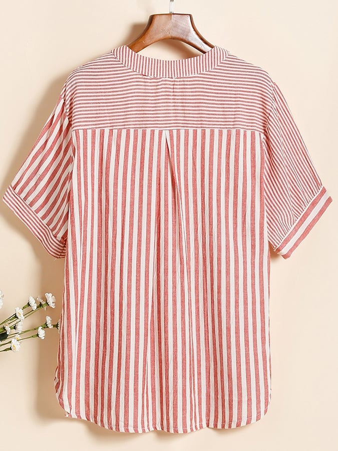 Cotton And Linen V-neck Asymmetric Striped Patchwork Shirt