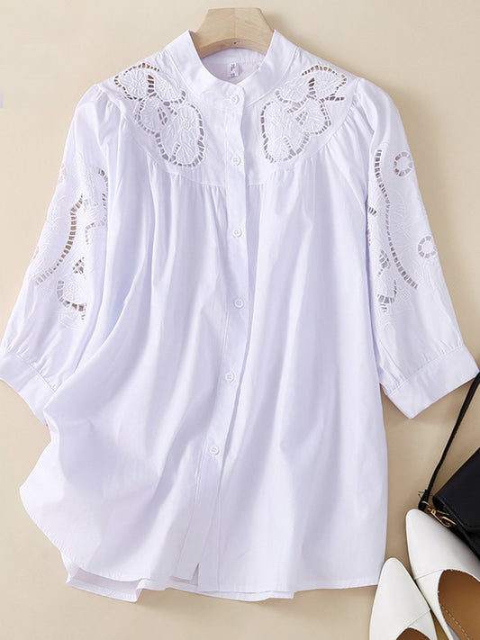 Standing Collar Split Lantern Sleeve Embroidered Embroidered And Carved Shirt