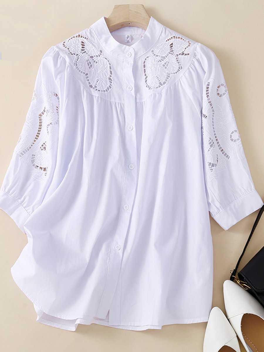 Standing Collar Split Lantern Sleeve Embroidered Embroidered And Carved Shirt