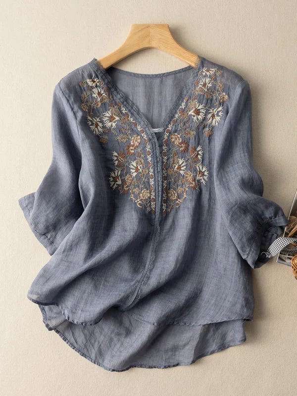 Embroidered V Neck 3/4 Sleeve Casual Linen Top