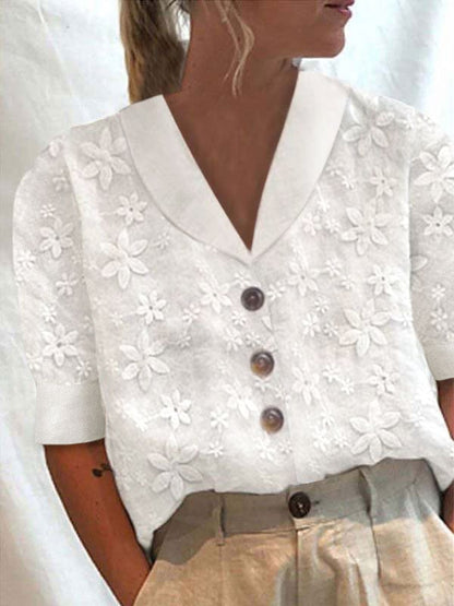 Women's Cotton Linen Lace Lapel Button Down Short Sleeve Shirt