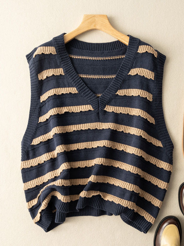 Knitted V-Neck Stripes Classic Loose Vest Coat