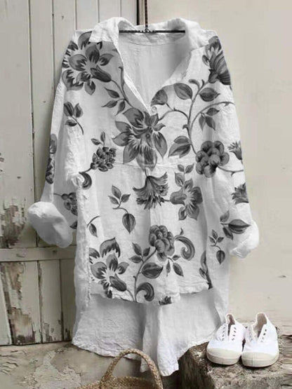 Women's Cotton Linen Floral Print Loose Long Sleeve Shirt