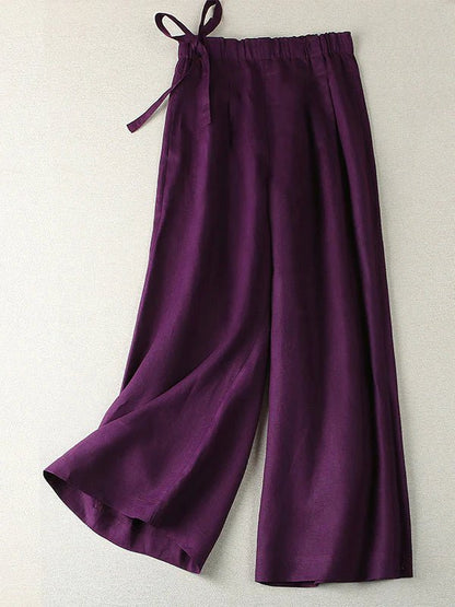 Draping Casual Linen Solid Color Wide Leg Ninth Pants